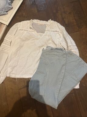 silence + noise White Blouse with Blue-Striped Straight Jeans